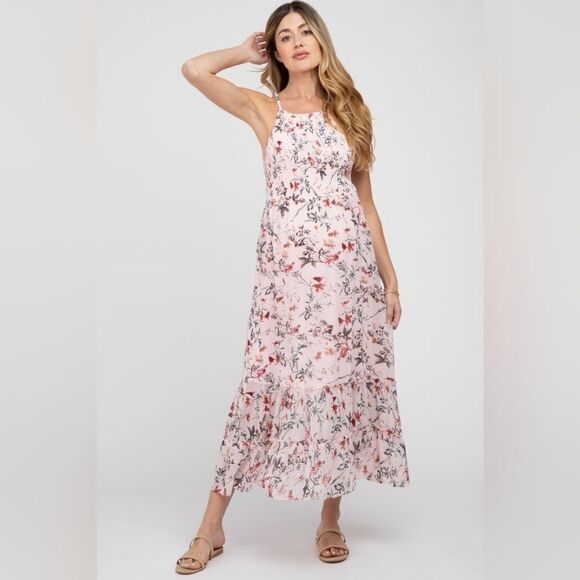 Pinkblush She + Sky Pink Floral Sleeveless High Neck Tiered Smocked Maxi Dress M - Picture 1 of 11